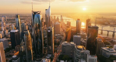 Naklejka premium Brisbane Cityscape at Sunset: Aerial View of Skyscrapers and River