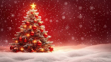 Christmas tree with red ornaments and falling snowflakes creates a festive holiday scene