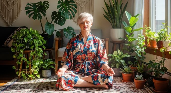Woman meditating at home surrounded by plants for wellness and relaxation in a peaceful setting