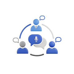 Minimalist 3D icon of group voice communication with three avatars speech bubbles and a microphone symbolizing team collaboration and discussion. PNG Transparent Background
