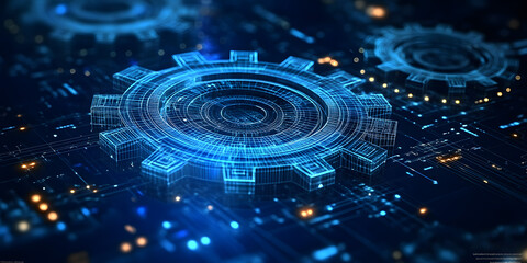 Wireframe gear model symbolizes mechanical engineering.