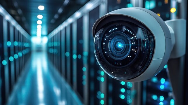 Modern security camera monitoring server racks in a data center corridor, ensuring data safety and protection