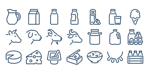 Dairy and milk products editable stroke outline icons set isolated on white background flat vector illustration.	
