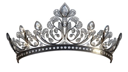 Elegant antique diamond tiara with intricate scrollwork and sparkling gemstones on a white background