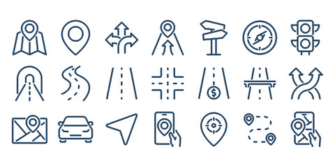 Navigation and roads related editable stroke outline icons set isolated on white background flat vector illustration.   © sarcas