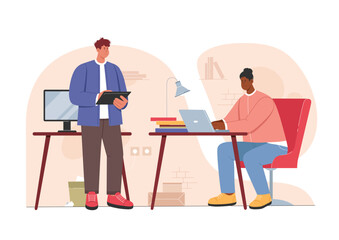 Employees work with computer and laptop in comfortable modern workspace vector illustration. Cartoon busy professional office worker characters sitting and standing at table, working together