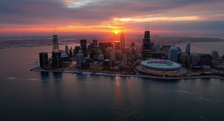 Fototapeta premium Chicago Skyline at Sunrise with Frozen River and Stadium