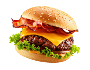Limited Edition Cheeseburger with Melting Cheese and Bacon in Mid-Air on White