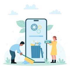 Cleaning service for smartphone vector illustration. Cartoon tiny people clean mobile phone memory from trash files, spam newsletters and emails, man and woman holding broom and data folders