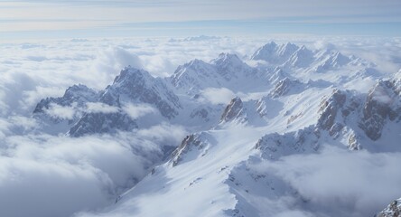 Snowy Mountain Peaks Piercing Through Clouds