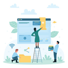 Favorites management online vector illustration. Cartoon tiny people work in browser windows with bookmark on screen, character bookmarking favorite website, holding directory and folders with files