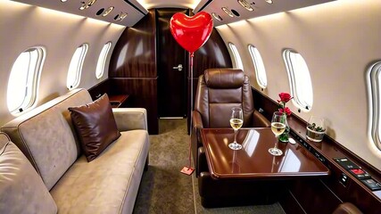 Romantic private jet cabin interior with red heart balloon and champagne glasses featuring luxury leather seating and wooden table. Concept of luxury travel, romantic getaways, charter services.
