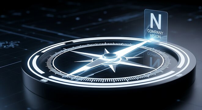 True North concept. A holographic compass with its needle pointing firmly to a "North" marked as "Company Vision," symbolizing direction and purpose.
