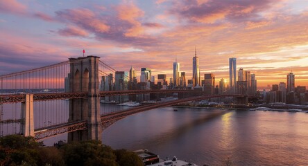 Brooklyn Bridge at Sunset over the New York City Skyline