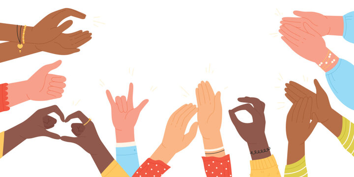 Hands of people clap and applaud vector illustration. Cartoon happy multicultural human arms respect and congratulate with thumbs up and applause, greeting gestures and ovation, positive feedback