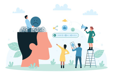 Mind health, psychology and innovation technology vector illustration. Cartoon tiny character inside abstract human head holding sad emoticon, therapist with voice assistant recording support message