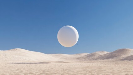 A surreal scene of a white sphere floating above a sandy, undulating desert against a blue sky