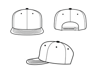 Blank Outline Snapback Caps Template. Baseball Cap Vector Front Back and Side Views for Hat Mockups