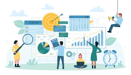 Task planning productivity of business team vector illustration. Cartoon tiny people work with magnifying glass and laptop on office project planner and data charts, organize time and information