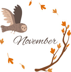 Obraz premium November Owl and Autumn Branch Round Frame