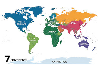 Map Showing Seven Continents and Their Geographical Distribution