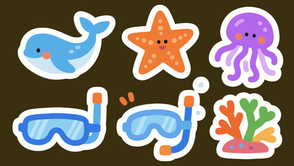 Fototapeta premium A charming vector illustration set of 'Summer Buddies' stickers. Includes a cartoon crab, duck, cat, and dog enjoying sunny weather.