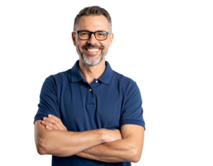 Confident male school teacher in navy polo shirt and glasses, smiling warmly, generative AI, isolated on a transparent background