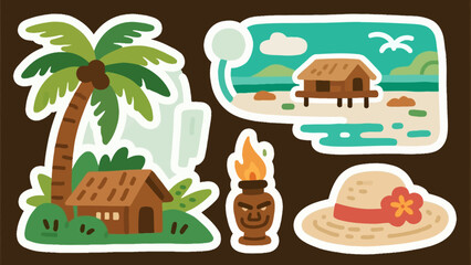 Obraz premium Tropical summer vacation sticker set. Vector illustrations of a beach hut, palm tree, tiki torch, and straw hat for travel and holiday design elements.