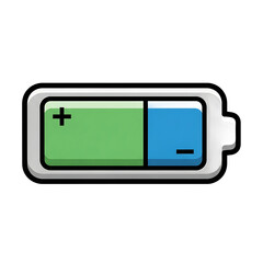 Stylized cartoon battery icon with green positive and blue negative terminals. PNG Transparent Background