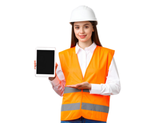 Professional construction worker holding a clipboard or tablet, wearing safety gear, generative AI, isolated on a transparent background