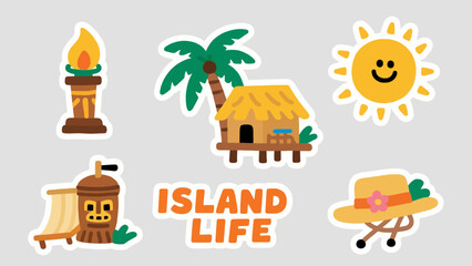 A vibrant sticker collection illustrating a fun tropical vacation with an island life theme, featuring a beach hut, sun, and tiki elements.