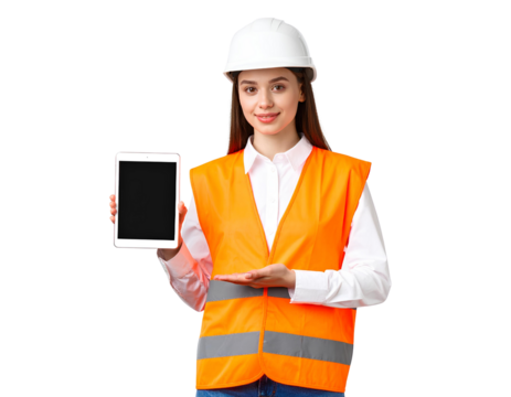 Professional construction worker holding a clipboard or tablet, wearing safety gear, generative AI, isolated on a transparent background