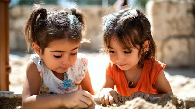 Two happy little girls playing in sandbox, smiling sisters on playground outdoors, children happiness concept