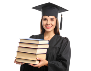 Portrait of a smiling young woman in graduation gown and cap, holding books, celebrating academic achievement, generative AI, isolated on a transparent background
