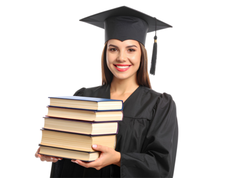 Portrait of a smiling young woman in graduation gown and cap, holding books, celebrating academic achievement, generative AI, isolated on a transparent background