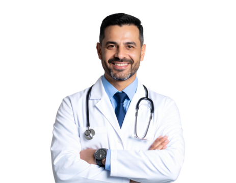 Portrait of a professional smiling male doctor with stethoscope, confident and approachable, generative AI, isolated on a transparent background