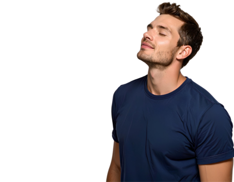 Portrait of a relaxed man in a navy blue shirt with closed eyes and gentle smile, enjoying a peaceful moment, generative AI, isolated on a transparent background