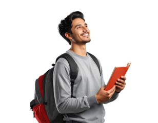 A smiling man holding a book and wearing a backpack, looking up thoughtfully, generative AI, isolated on a transparent background