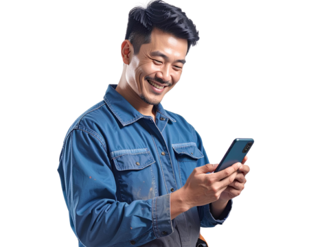 Happy mechanic worker holding smartphone, wearing work uniform, generative AI, isolated on a transparent background