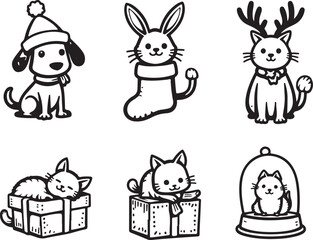 Naklejka premium Adorable cartoon pets celebrate holidays with festive cheer and gifts
