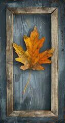 Obraz premium An autumn leaf rests inside a rustic wooden frame on a textured blue-grey surface