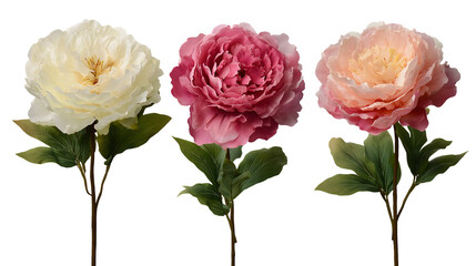 Obraz premium Three blooming peony flowers in white, pink, and peach shades with green leaves, isolated on white background, perfect for floral design, spring themes, wedding decor, and botanical concepts