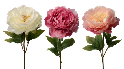 Three blooming peony flowers in white, pink, and peach shades with green leaves, isolated on white background, perfect for floral design, spring themes, wedding decor, and botanical concepts