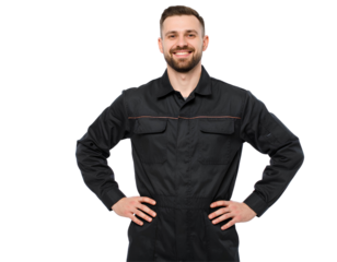 Portrait of a smiling mechanic worker in uniform, generative AI, isolated on a transparent background