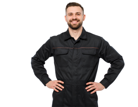 Portrait of a smiling mechanic worker in uniform, generative AI, isolated on a transparent background