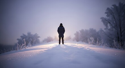 Person standing alone on snow-covered hill with frosted trees in foggy winter landscape