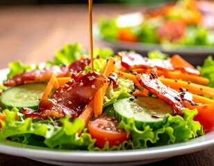 Delicious salad with bacon and dressing