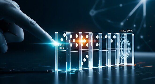 Domino effect of progress. A finger touches the first domino in a holographic row, labeled "First Task," causing a chain reaction towards the "Final Goal."