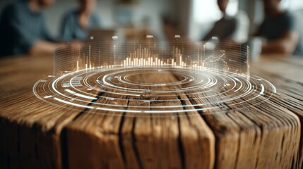 A digital interface displays data visualizations above a rustic wooden table, suggesting a meeting or collaboration involving technology and analytics.