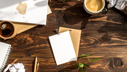 A sunlit workspace featuring blank stationery, coffee cups, and crumpled paper, suggesting creative brainstorming or writing.
